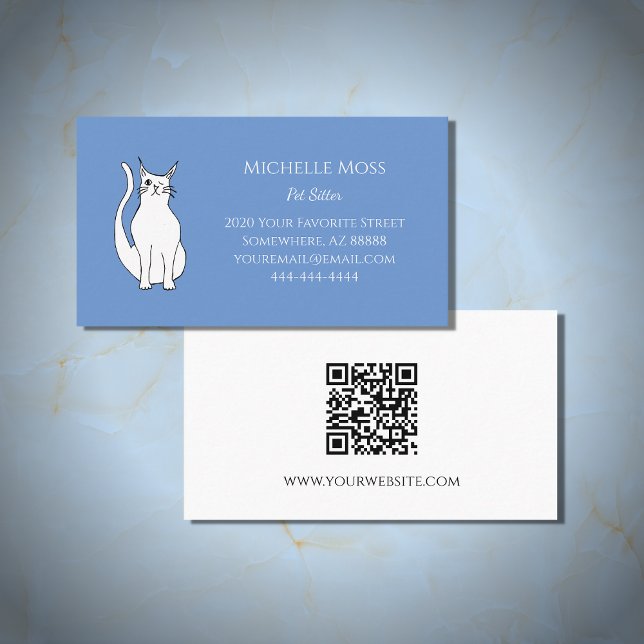 QR code Cute Cat Pet Sitter Blue Business Card (Creator Uploaded)