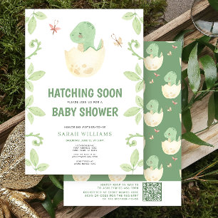 QR Code Cute Dinosaur Hatching Soon Baby Shower Invitation