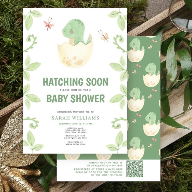 QR Code Cute Dinosaur Hatching Soon Baby Shower Invitation (Get ready for a Jurassic celebration with our adorable dinosaur baby shower invitations! 🦕)