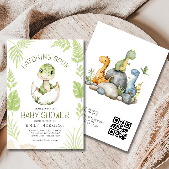 QR Code Cute Dinosaur Hatching Soon Baby Shower Invitation (Creator Uploaded)