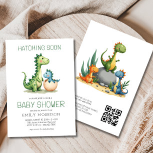 QR Code Cute Dinosaur Hatching Soon Baby Shower Invitation