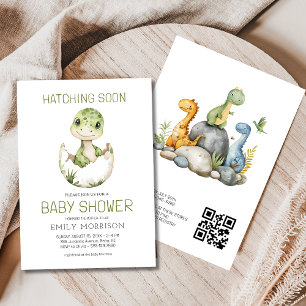 QR Code Cute Dinosaur Hatching Soon Baby Shower Invitation
