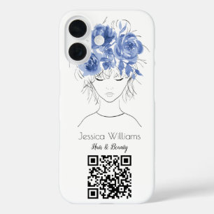 QR code cute girl blue watercolor roses floral iPhone 16 Case