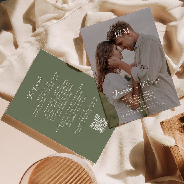 QR Code Deep Sage Green Monogram Photo Wedding Invitation (Creator Uploaded)