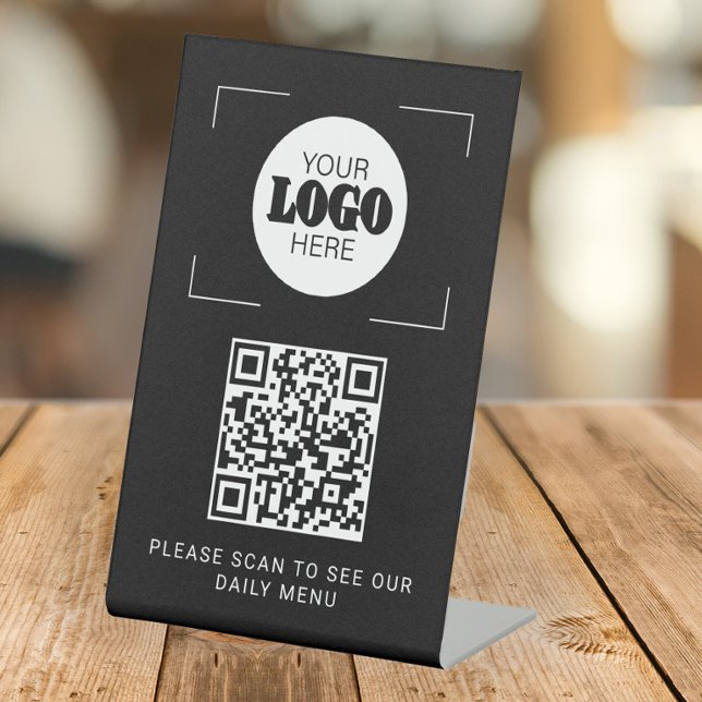 QR code digital menu custom logo black tabletop Pedestal Sign (Creator Uploaded)