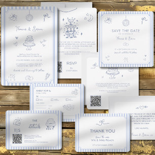 QR Code Doodle Hand Drawn French Blue Wedding Save The Date