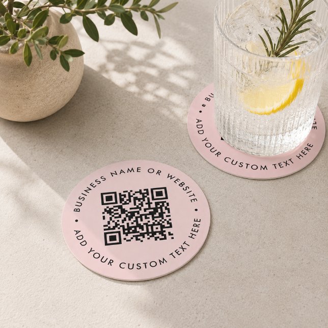  QR Code Drink Coasters | Pink Business Promo (Custom pink QR code coaster for website links, menus, bookings, reviews, and promos.)