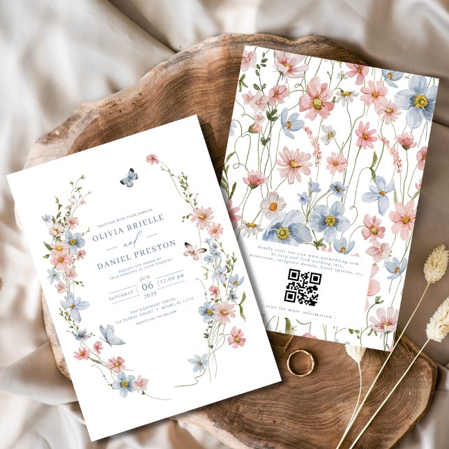 QR Code Dusty Blue Blush Pink Wildflower Wedding Invitation (Creator Uploaded)