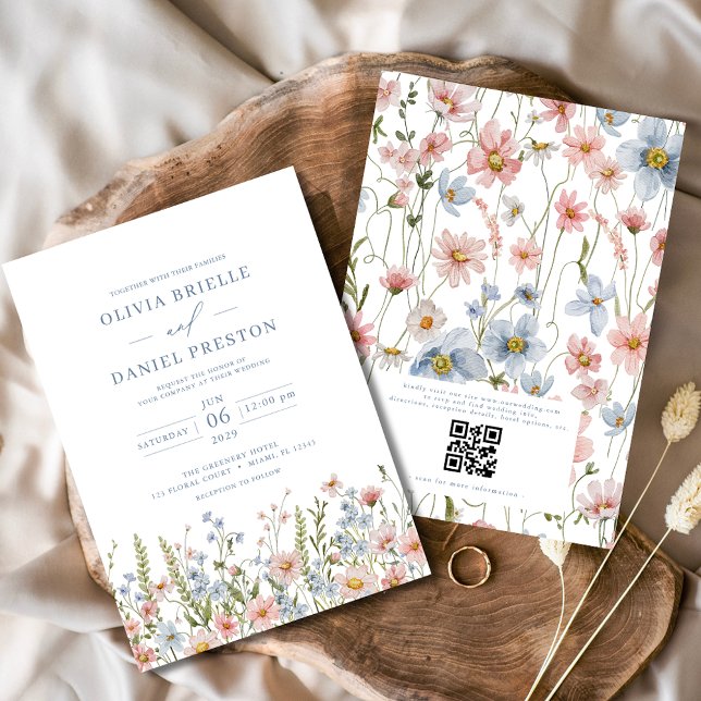 QR Code Dusty Blue Blush Pink Wildflower Wedding Invitation (Creator Uploaded)