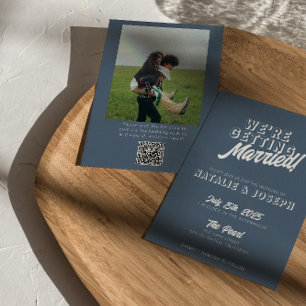 QR Code Dusty Blue Bold Funky Photo Fun Wedding Invitation