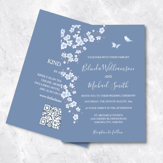 QR Code | Dusty Blue Cherry Blossom | Wedding Invitation (Creator Uploaded)