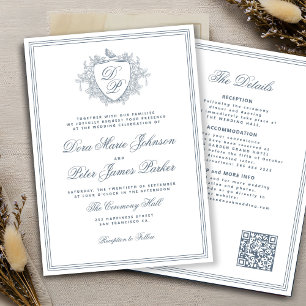 QR code dusty blue crest monogram wedding Invitation