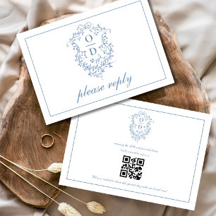QR Code Dusty Blue Crest Monogram Wedding RSVP Card