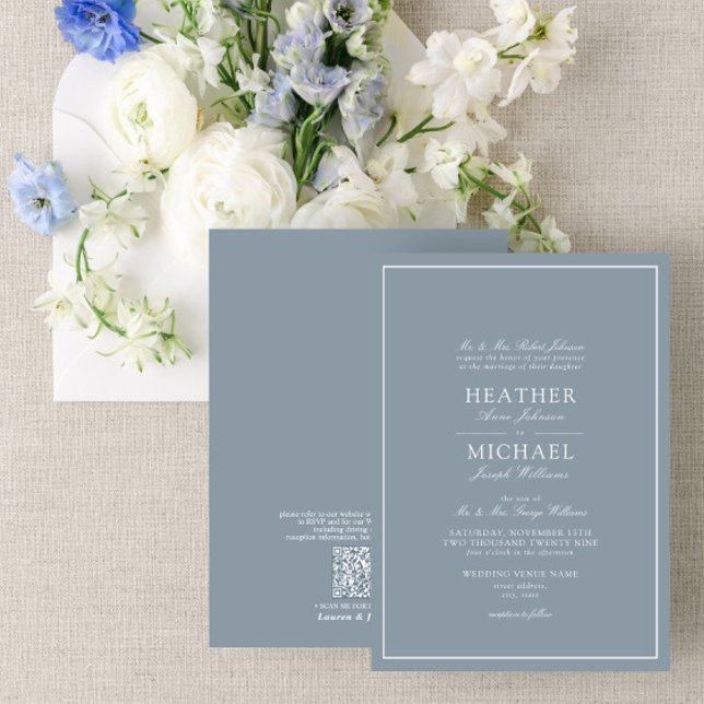 QR Code Dusty Blue Leafy Crest Monogram Wedding Invitation (Creator Uploaded)