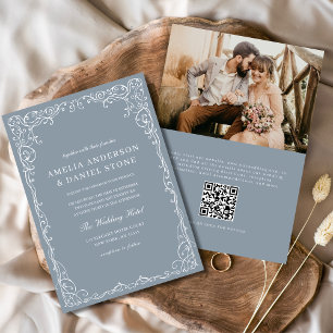 QR Code Dusty Blue Photo Minimalist Wedding Invitation