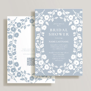 QR Code Dusty Blue White Folk Floral Bridal Shower Invitation