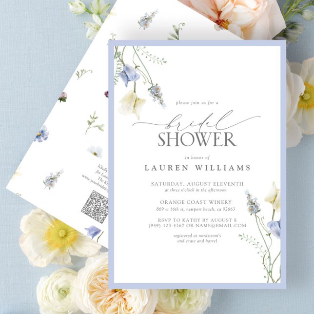 QR Code Dusty Blue Wildflower Bridal Shower Invitation (Creator Uploaded)