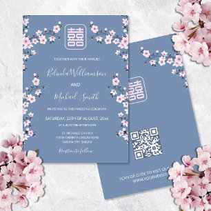 QR Code Dusty Pink Blossom Blue Chinese Wedding Invitation