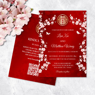 QR Code Dusty Pink Cherry Blossom  Chinese Wedding Invitation