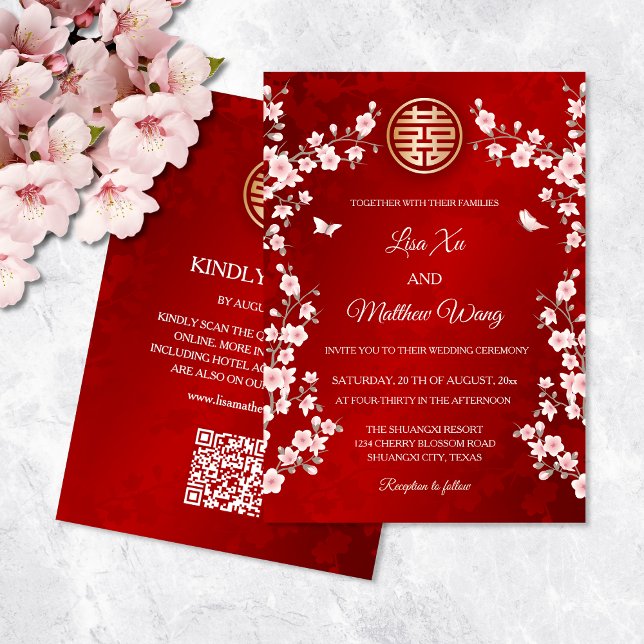 QR Code Dusty Pink Cherry Blossom  Chinese Wedding Invitation (Creator Uploaded)