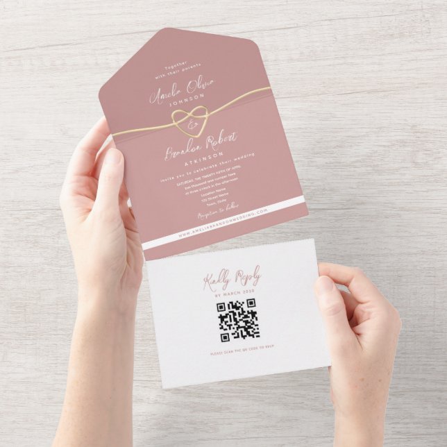 QR Code Dusty Rose Wedding All In One Invitation (Tearaway)