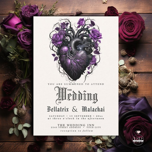 QR Code Eccentric Black Heart Purple Roses Invitation (Creator Uploaded)