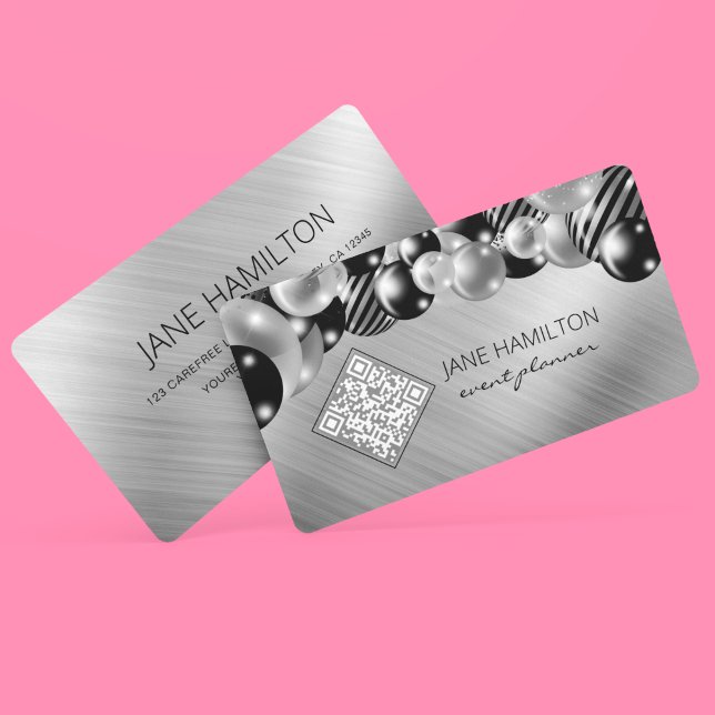 QR Code Elegant Balloons Silver Business Card (Creator Uploaded)