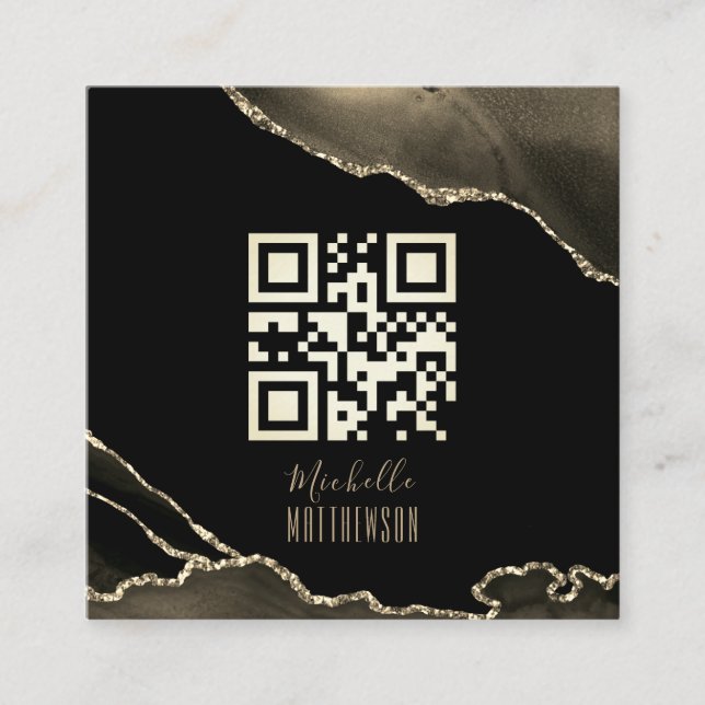 QR Code Elegant Black Gold Agate Social Media Square Business Card (Front)