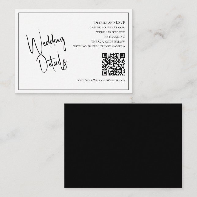 QR Code Elegant Black & White Wedding Details Enclosure Card (Front/Back)