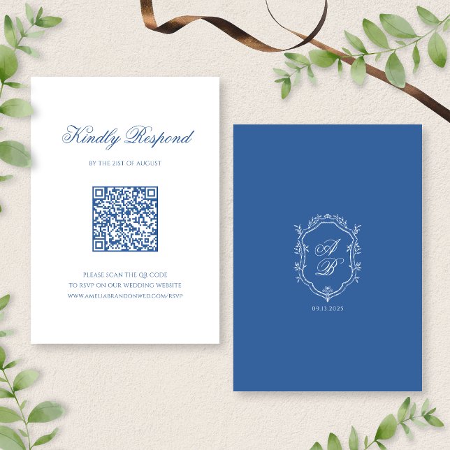 QR Code Elegant Blue Monogram Crest Script Wedding RSVP Card (Creator Uploaded)