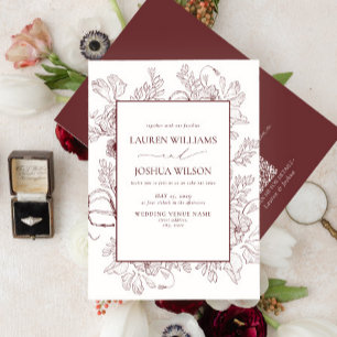 QR Code Elegant Burgundy Floral Line Art Wedding Invitation