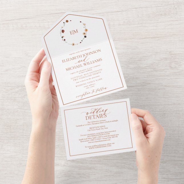 QR Code Elegant Burnt Orange Floral Crest Monogram All In One Invitation (Tearaway)