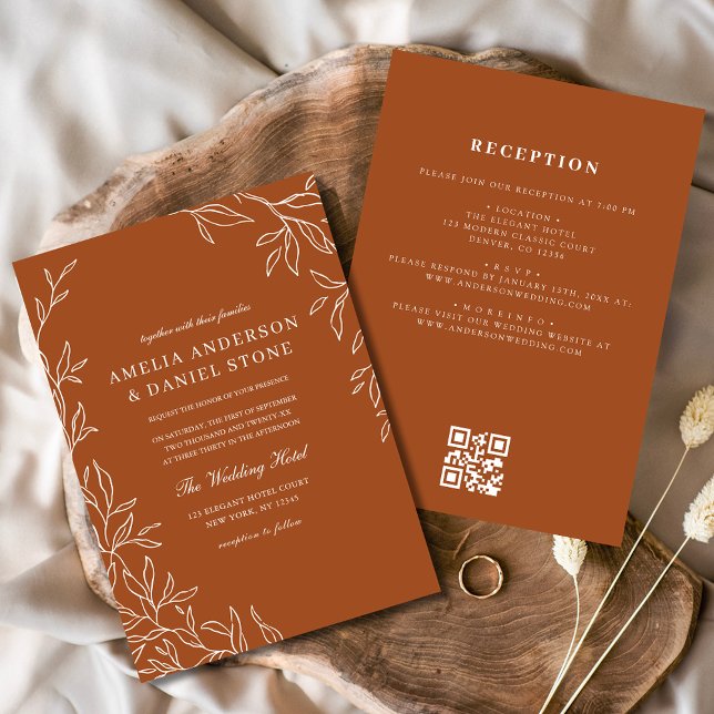 QR Code Elegant Burnt Orange Minimal Leaf Wedding Invitation (Creator Uploaded)