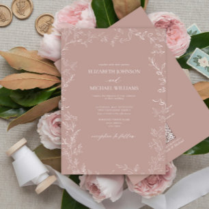 QR Code Elegant Dusty Rose Minimal Leaf Wedding Invitation