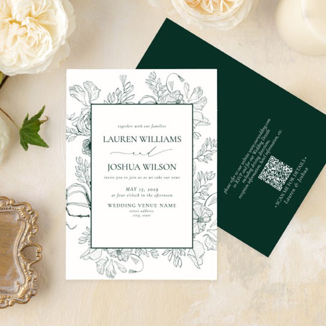 QR Code Elegant Emerald Green Floral Line Art Invitation (Creator Uploaded)