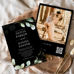 QR Code Elegant Eucalyptus Black Photo Wedding Invitation