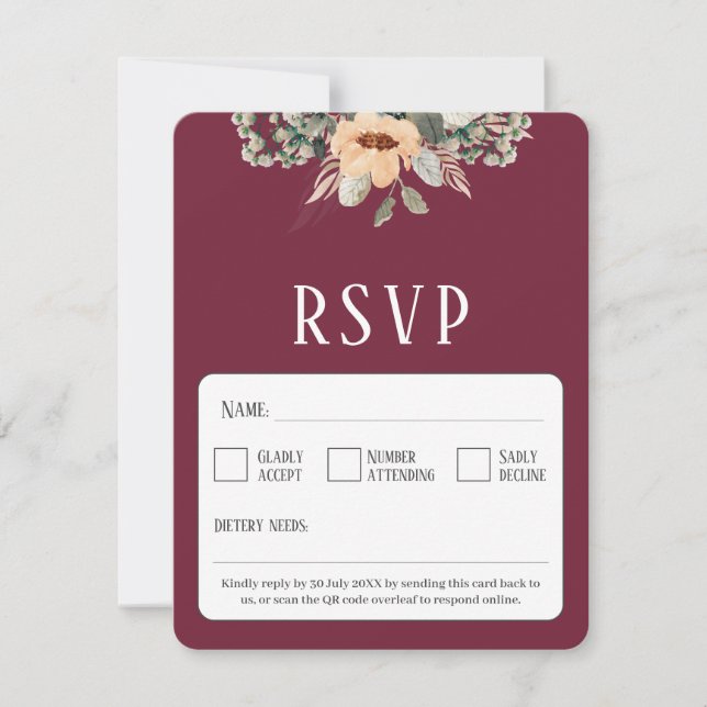 QR Code elegant floral burgundy RSVP Card (Front)