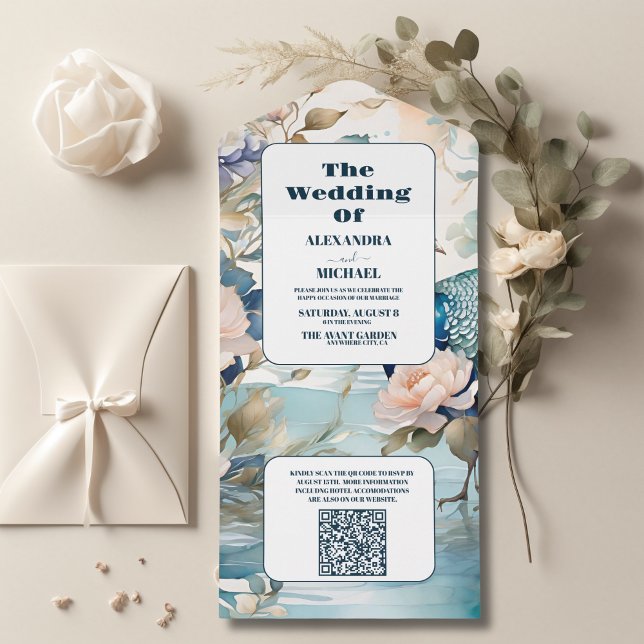 QR Code Elegant Floral Peacock Chinoiserie Wedding All In One Invitation (Creator Uploaded)