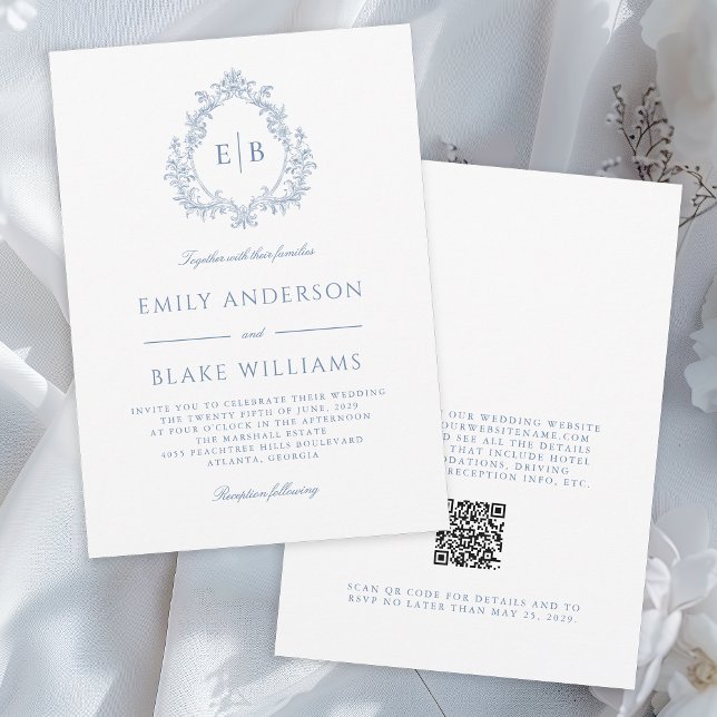 QR Code Elegant Formal Dusty Blue Wedding Crest Invitation (Available in both printed and instant download digital formats.)