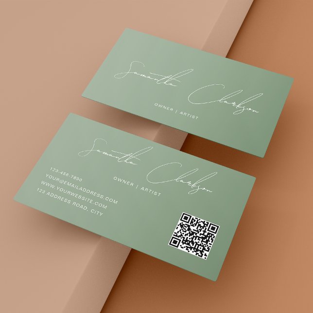 QR Code Elegant Full Sage Green Handwritten Script Business Card (Creator Uploaded)