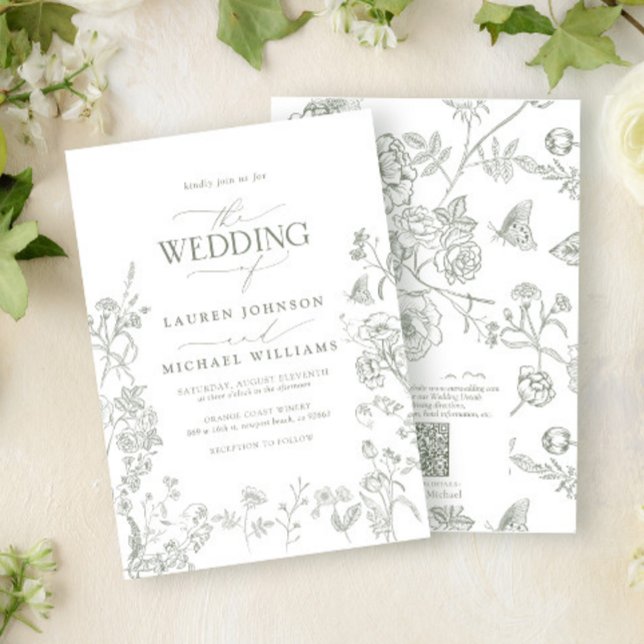QR Code Elegant Green Chinoiserie Floral Wedding Invitation (Creator Uploaded)