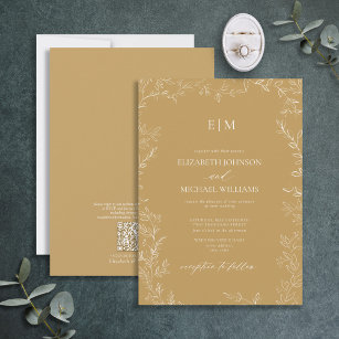 QR Code Elegant Leaf Gold Monogram Wedding Invitation