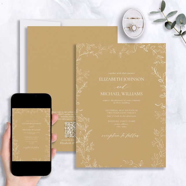 QR Code Elegant Modern Gold Minimal Leaf Wedding Invitation (Creator Uploaded)