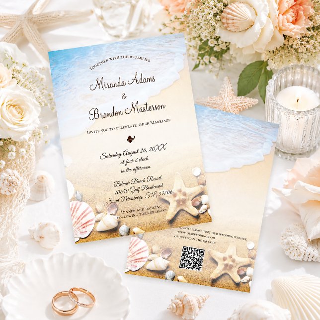 QR Code Elegant Modern Starfish Beach Wedding Invitation (Creator Uploaded)