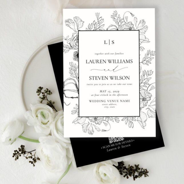 QR Code Elegant Monogram Black Floral Wedding Invitation (Creator Uploaded)