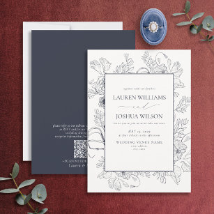 QR Code Elegant Navy Blue Floral Line Art Wedding Invitation