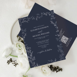 QR Code Elegant Navy Blue Minimal Leaf Wedding Invitation