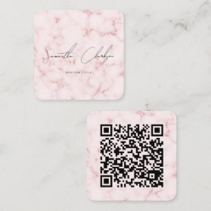 QR Code Elegant Pink Marble Handwritten Script Square Business Card