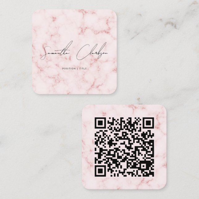  QR Code Elegant Pink Marble Handwritten Script Square Business Card (Front/Back)