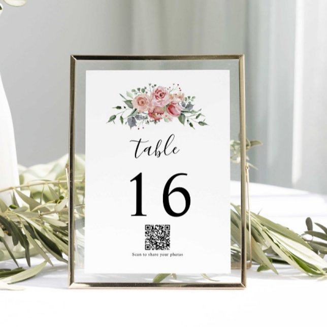 QR Code Elegant Pink Rose Watercolor Wedding Table Number (Creator Uploaded)